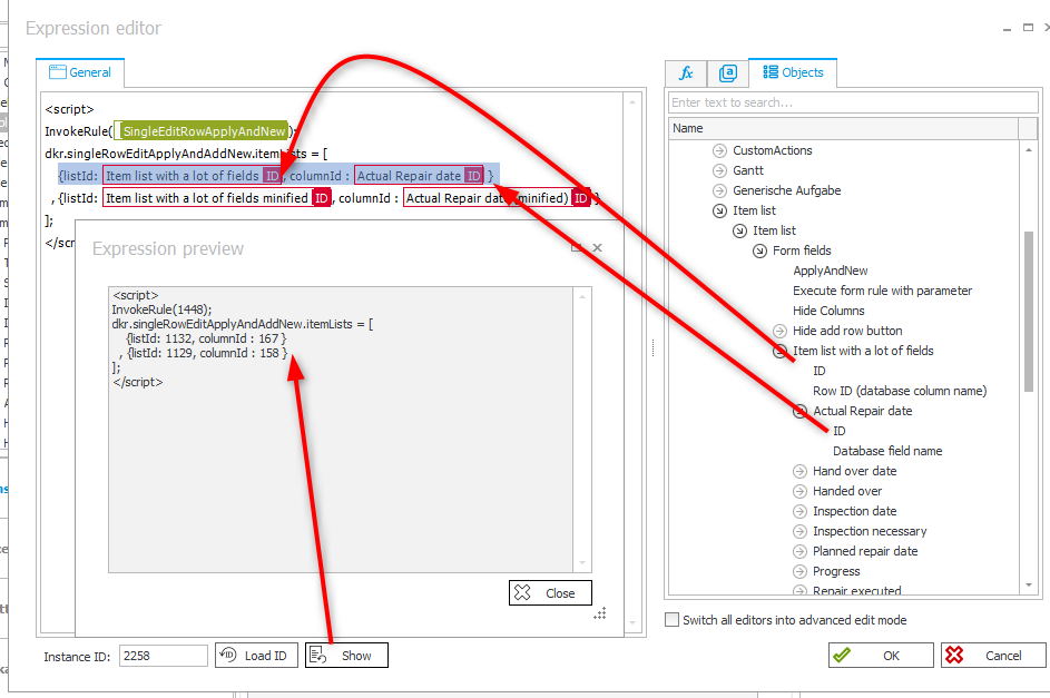 HTML field which configures the item lists to watch.
