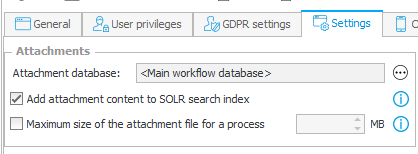 Process settings defining, whether an attachment can be searched.