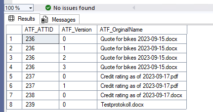 The current attachment files rows in the content database.