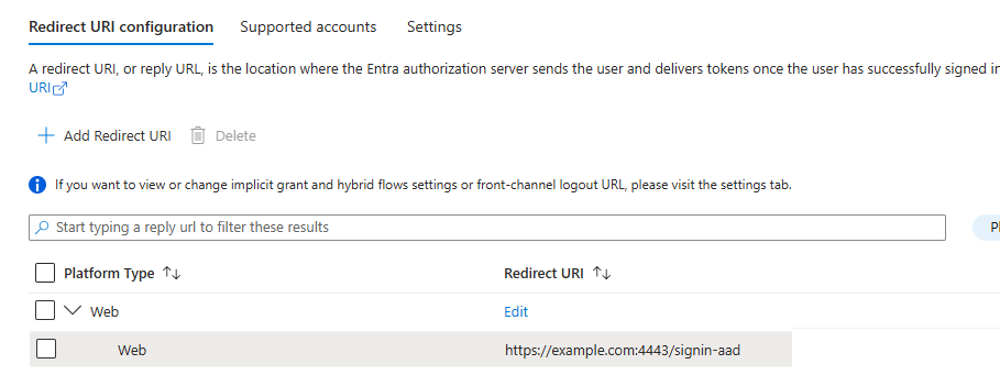 Adding the RedirectURI to the App Registration in Microsoft Entra