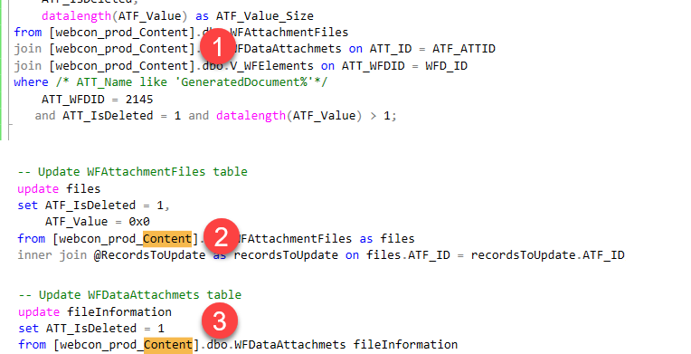 Update the database names to match your process configuration.