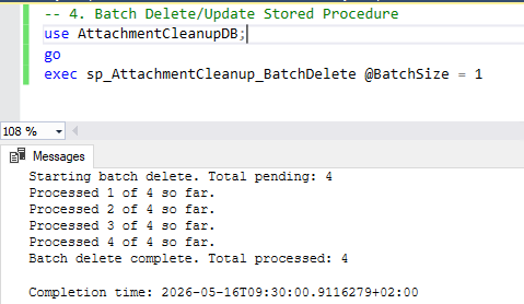 The test executed the deletion in batches of 1 for testing purposes.