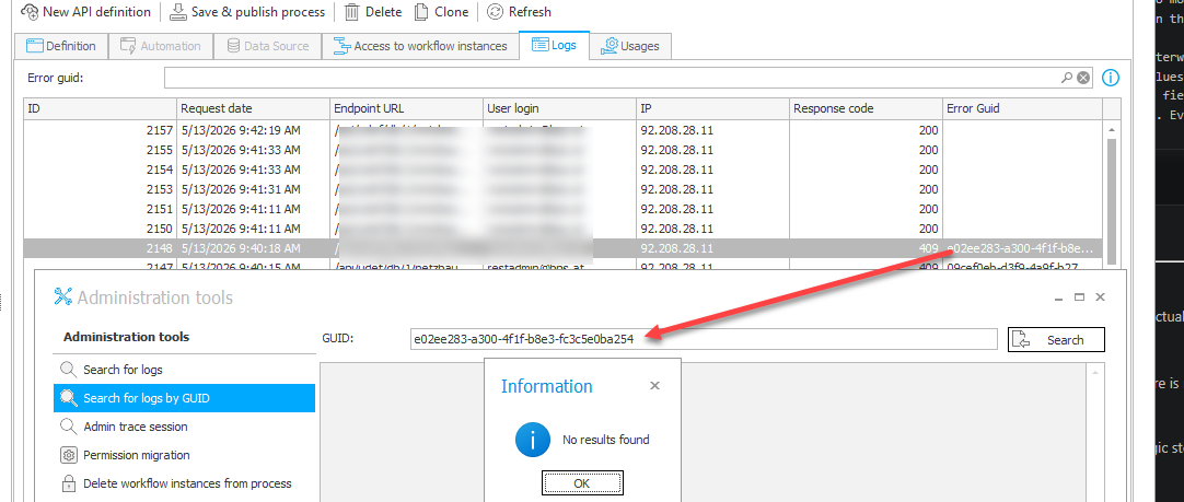 The administration tool show no information about the error