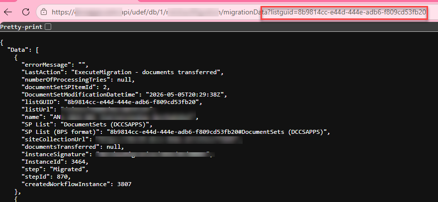 The browser can display the  `Get data from data sources` and `Actions on a workflow instance` endpoint