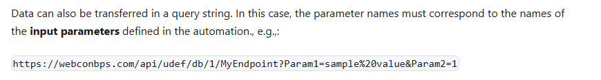 You can pass input parameters as query parameters to an `Execute automation` endpoint.