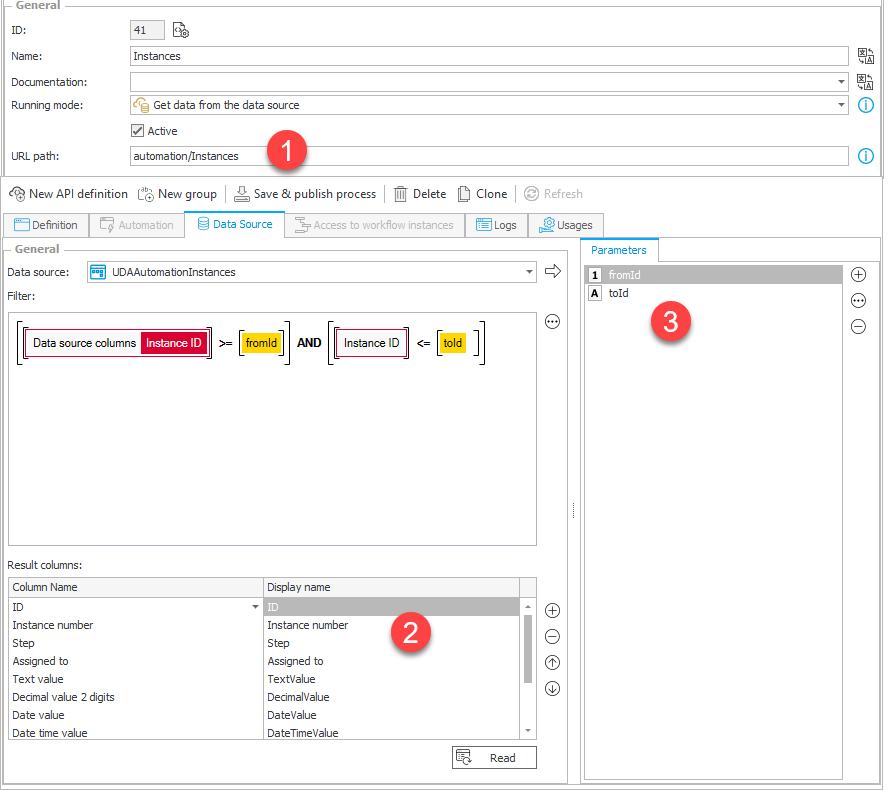 Configuration of the data source UDA.