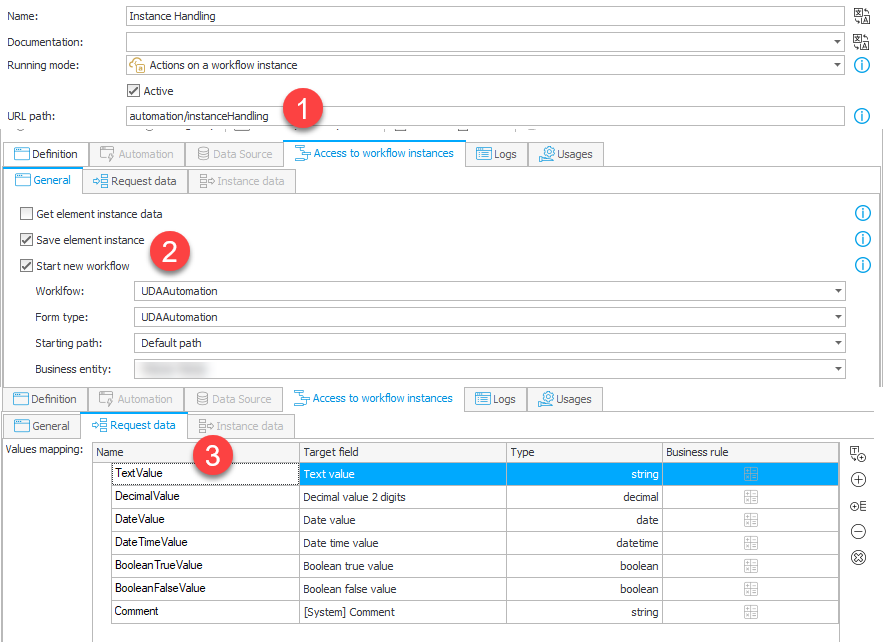 Configuration of the UDA for creating and updating workflow instances