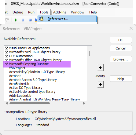 The JSON converter module requires the activated `Microsoft Scripting runtime` 