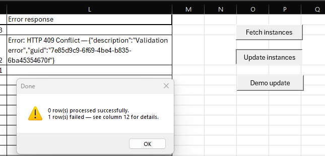 A returned error message, will be written to the mapped Error column. Sometimes it may help, here it doesn't help at all