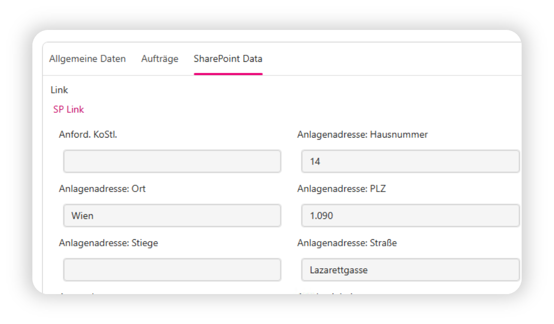 Result of rendering SharePoint metadata as part of a WEBCON from.