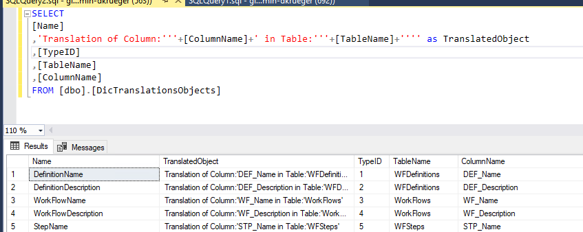 Result of query to create translation constants