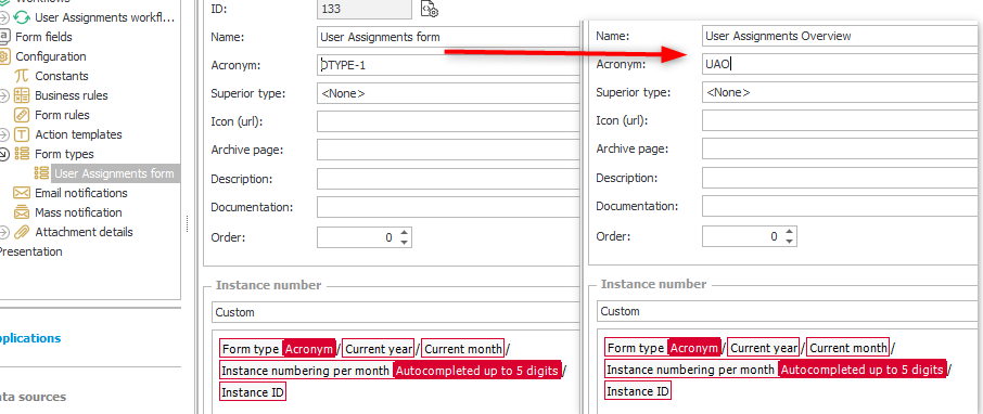 Changes to form type to improve the instance number