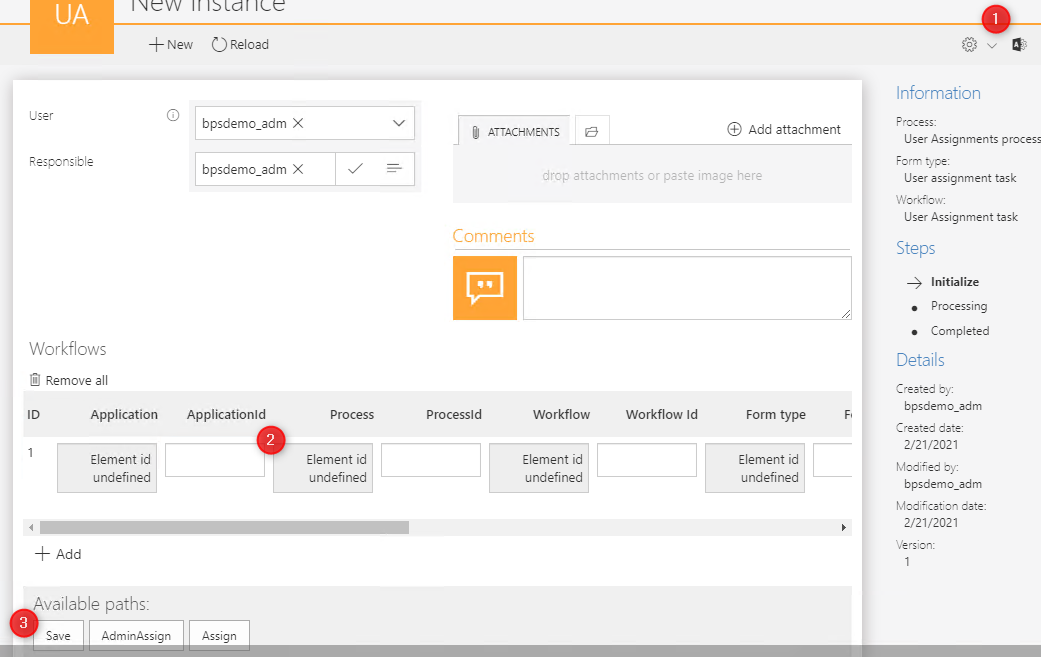 Creating a task workflow with test data in admin mode.