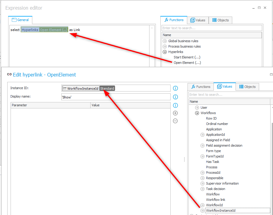 Build in Open Element function makes it easy to render a link to another instance 