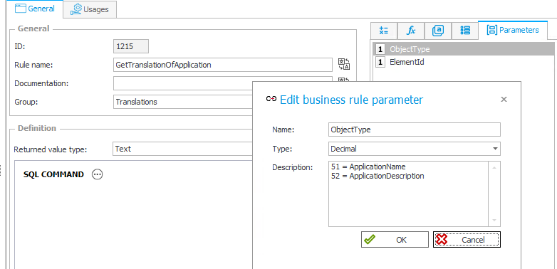 Business Rule GetTranslationOfApplication has to parameters