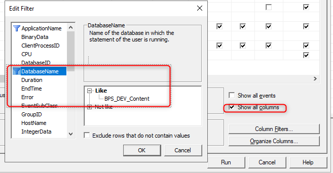 Filter settings of a SQL Profiler trace