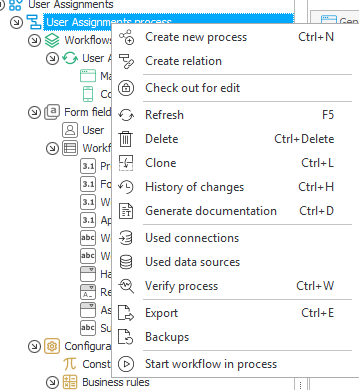 Starting a workflow from the context menu